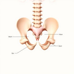 A detailed anatomical illustration of the human pelvis, clearly showing the sacrum and coccyx, with a medical-style diagram labeling key parts such as the ilium, ischium, pubis, and pelvic brim