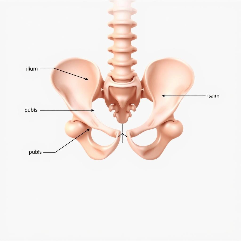 A detailed anatomical illustration of the human pelvis, clearly showing the sacrum and coccyx, with a medical-style diagram labeling key parts such as the ilium, ischium, pubis, and pelvic brim