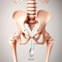 A detailed anatomical illustration of the human pelvis, clearly showing the sacrum and coccyx, with a medical-style diagram labeling key parts such as the ilium, ischium, pubis, and pelvic brim