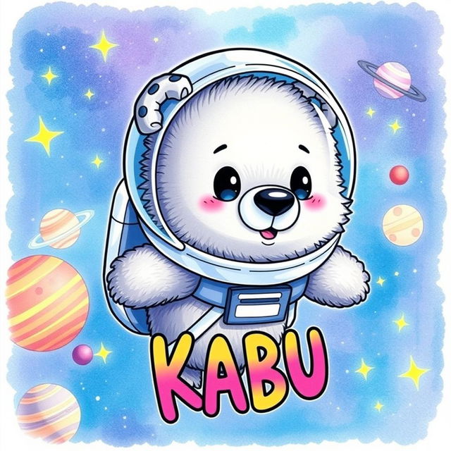 A whimsical animated drawing of a space bear, featuring a fluffy fur texture and a cosmic color palette with blues, purples, and sparkling stars