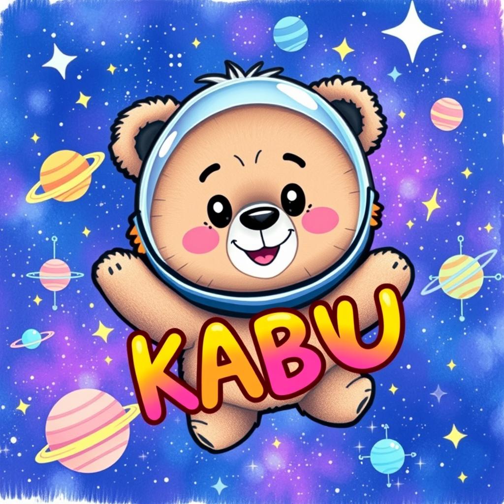 A whimsical animated drawing of a space bear, featuring a fluffy fur texture and a cosmic color palette with blues, purples, and sparkling stars