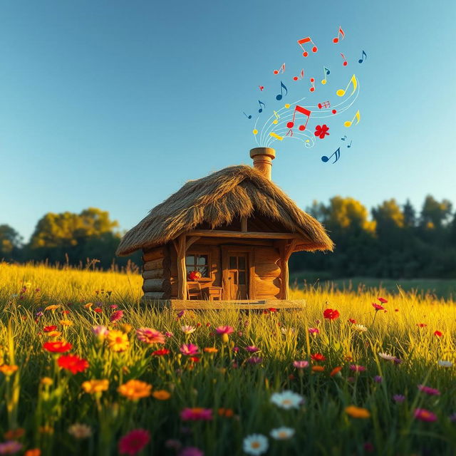 A whimsical little hut sitting in a lush green meadow, with vibrant wildflowers surrounding it