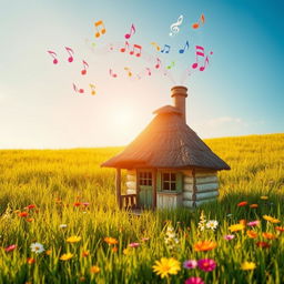 A whimsical little hut sitting in a lush green meadow, with vibrant wildflowers surrounding it