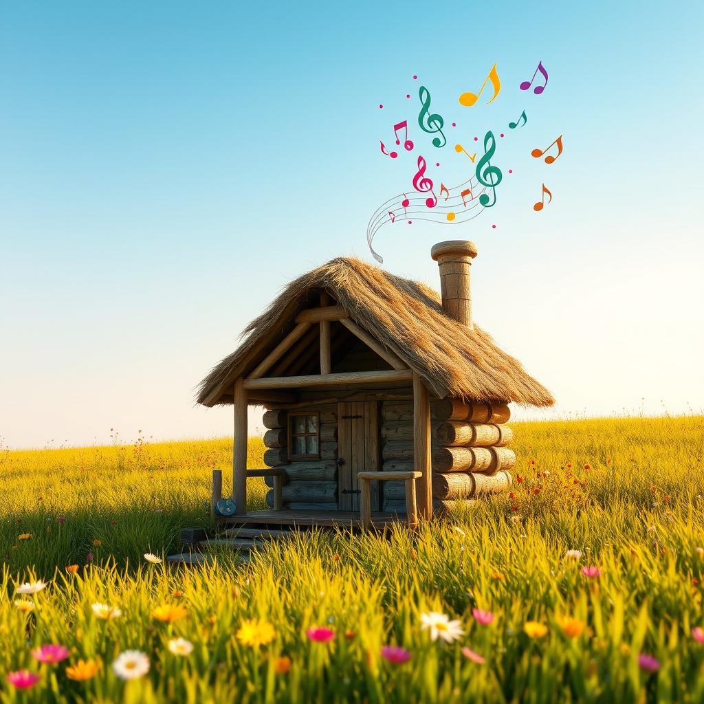 A whimsical little hut sitting in a lush green meadow, with vibrant wildflowers surrounding it