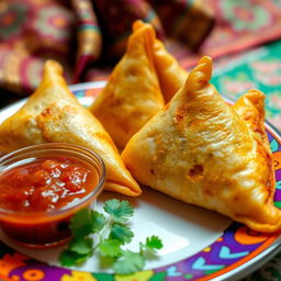 Deliciously crispy samosas filled with spiced potatoes and peas, perfectly golden brown, served on a vibrant plate with a side of tangy tamarind chutney and fresh coriander leaves