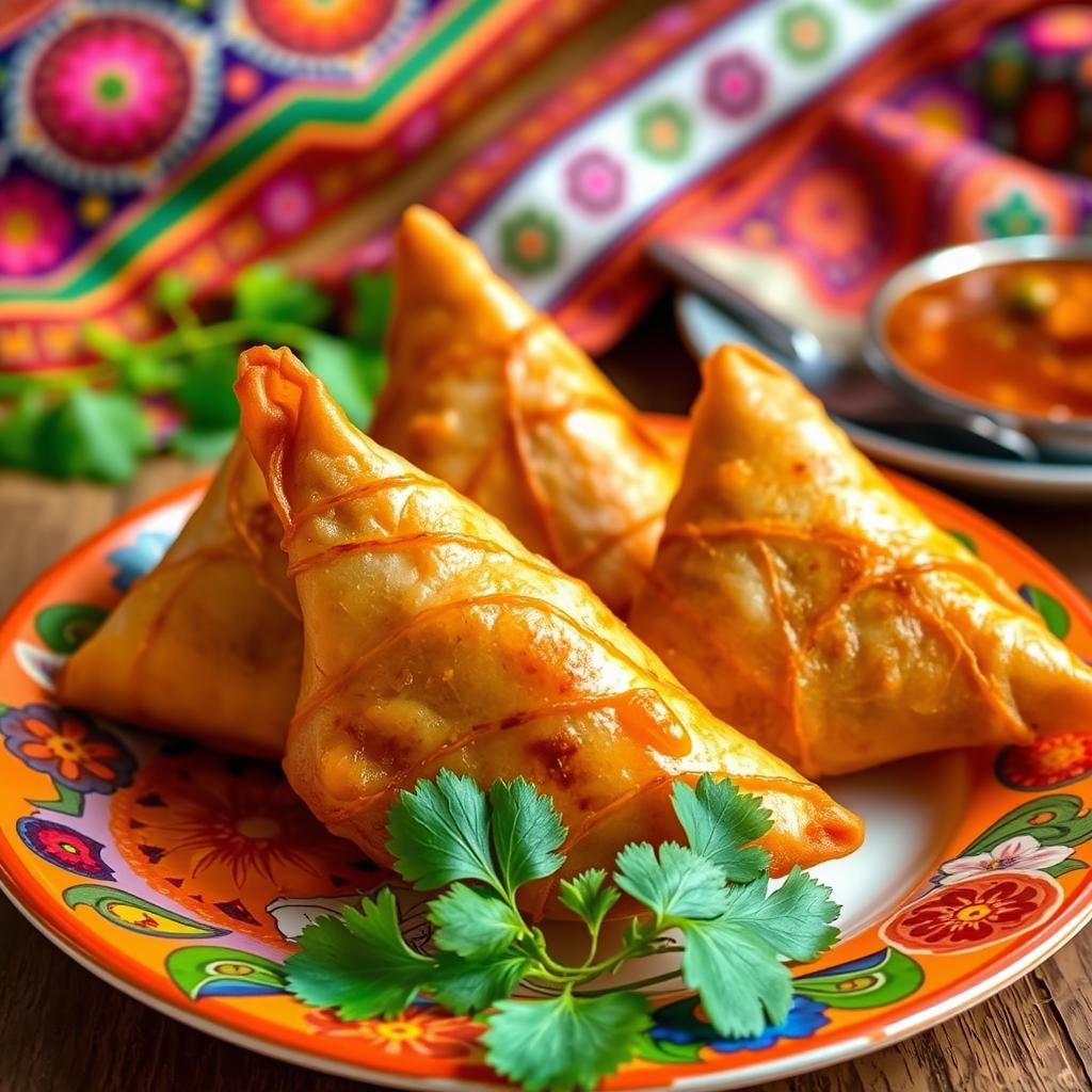Deliciously crispy samosas filled with spiced potatoes and peas, perfectly golden brown, served on a vibrant plate with a side of tangy tamarind chutney and fresh coriander leaves