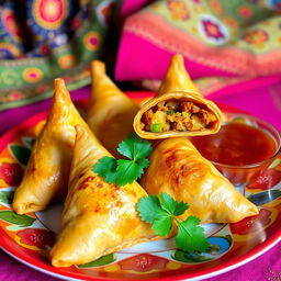 Deliciously crispy samosas filled with spiced potatoes and peas, perfectly golden brown, served on a vibrant plate with a side of tangy tamarind chutney and fresh coriander leaves