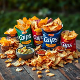 A colorful assortment of various types of chips arranged artfully on a rustic wooden table
