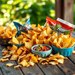 A colorful assortment of various types of chips arranged artfully on a rustic wooden table
