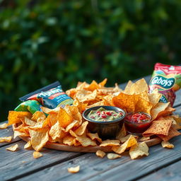 A colorful assortment of various types of chips arranged artfully on a rustic wooden table