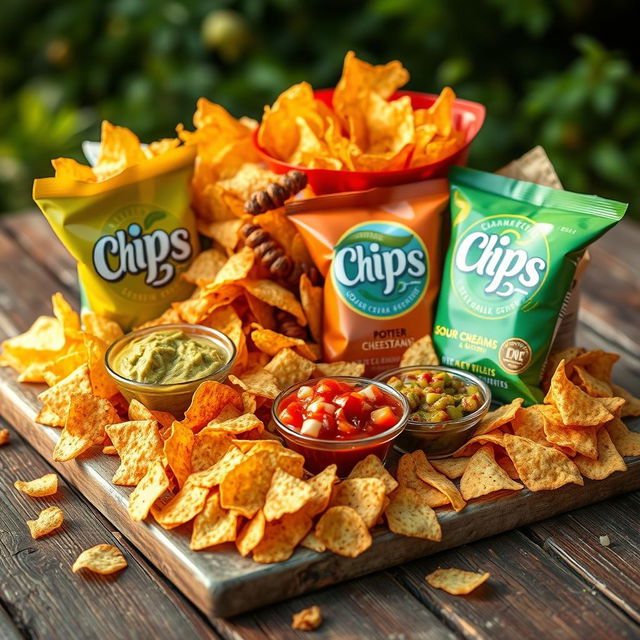 A colorful assortment of various types of chips arranged artfully on a rustic wooden table