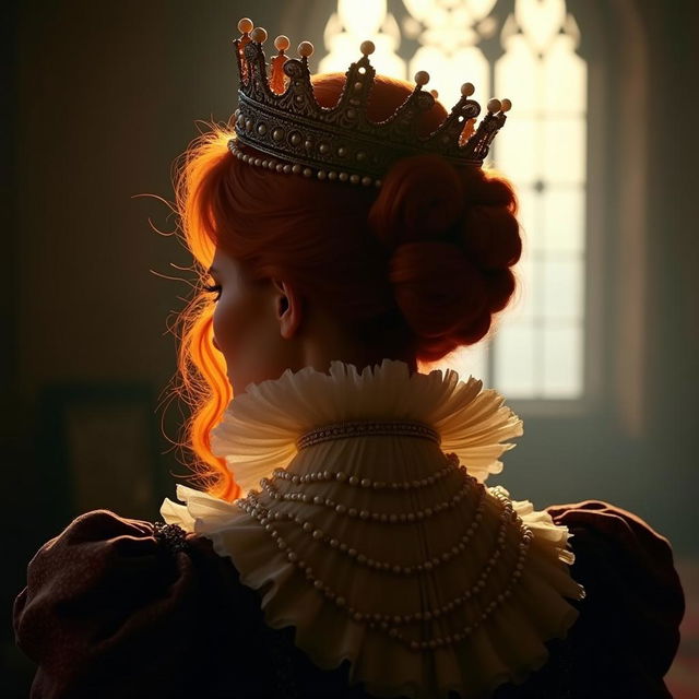 A striking silhouette of a 16th-century steampunk queen reminiscent of Queen Elizabeth, featuring an ornate crown adorned with pearls and a lavish ruffs collar