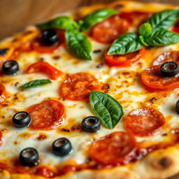 A delicious close-up of a freshly baked pizza, topped with gooey melted mozzarella cheese, vibrant red bell peppers, black olives, and pepperoni slices arranged artfully