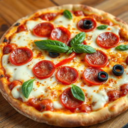 A delicious close-up of a freshly baked pizza, topped with gooey melted mozzarella cheese, vibrant red bell peppers, black olives, and pepperoni slices arranged artfully