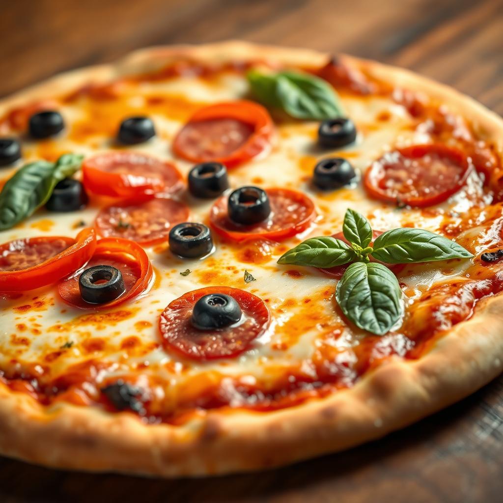 A delicious close-up of a freshly baked pizza, topped with gooey melted mozzarella cheese, vibrant red bell peppers, black olives, and pepperoni slices arranged artfully