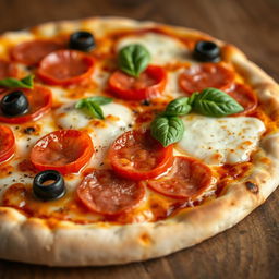 A delicious close-up of a freshly baked pizza, topped with gooey melted mozzarella cheese, vibrant red bell peppers, black olives, and pepperoni slices arranged artfully