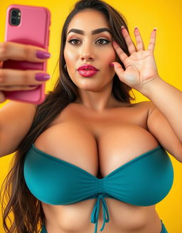 A confident brunette BBW taking a selfie, showcasing her massive breasts in a playful yet empowering pose
