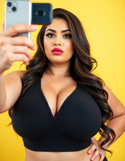 A confident brunette BBW taking a selfie, showcasing her massive breasts in a playful yet empowering pose