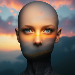 A surreal and artistic composition combining a detailed close-up of a human head, showing expressive eyes and intricate features, seamlessly blended into a portrait without a head, where the neck area fades into a beautiful landscape