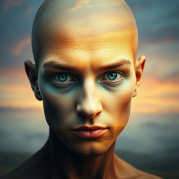 A surreal and artistic composition combining a detailed close-up of a human head, showing expressive eyes and intricate features, seamlessly blended into a portrait without a head, where the neck area fades into a beautiful landscape