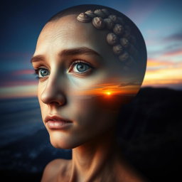 A surreal and artistic composition combining a detailed close-up of a human head, showing expressive eyes and intricate features, seamlessly blended into a portrait without a head, where the neck area fades into a beautiful landscape