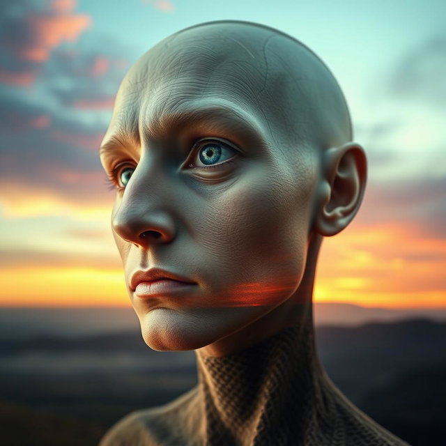 A surreal and artistic composition combining a detailed close-up of a human head, showing expressive eyes and intricate features, seamlessly blended into a portrait without a head, where the neck area fades into a beautiful landscape