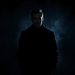 A solitary man standing in the darkness, with dramatic lighting casting shadows on his face