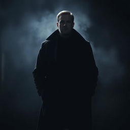 A solitary man standing in the darkness, with dramatic lighting casting shadows on his face