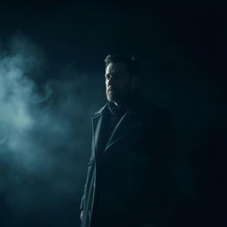 A solitary man standing in the darkness, with dramatic lighting casting shadows on his face