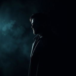 A solitary man standing in the darkness, with dramatic lighting casting shadows on his face