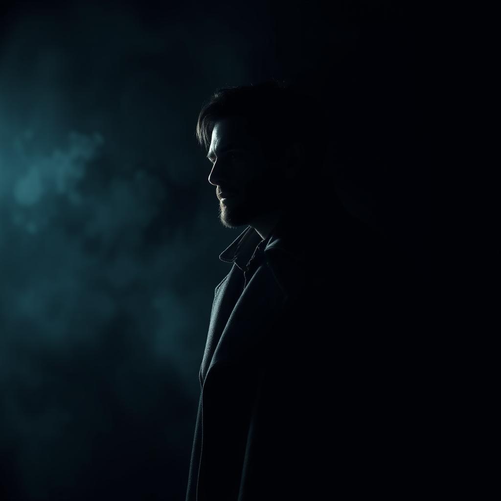 A solitary man standing in the darkness, with dramatic lighting casting shadows on his face