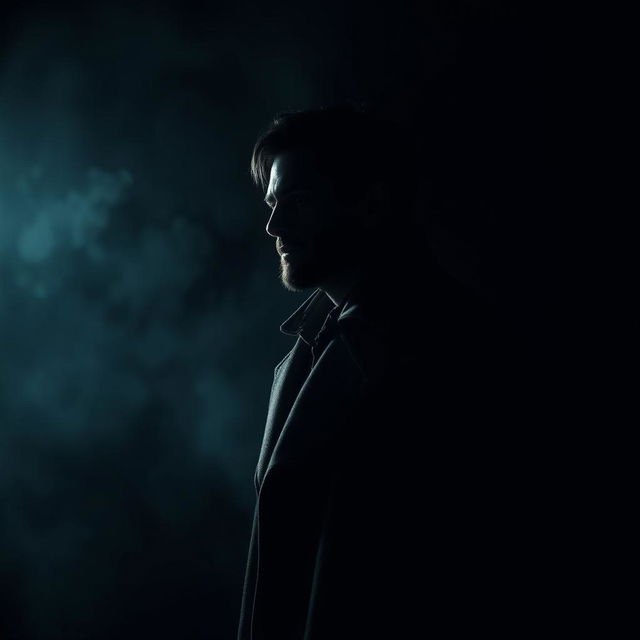 A solitary man standing in the darkness, with dramatic lighting casting shadows on his face