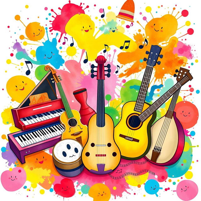 A vibrant and colorful concert poster featuring a whimsical arrangement of musical instruments including a piano, violin, tar, setar, guitar, santoor, tonbak, and oud