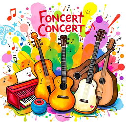 A vibrant and colorful concert poster featuring a whimsical arrangement of musical instruments including a piano, violin, tar, setar, guitar, santoor, tonbak, and oud