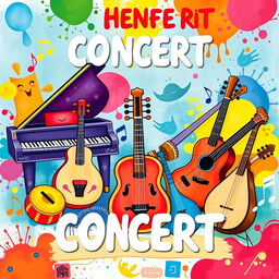 A vibrant and colorful concert poster featuring a whimsical arrangement of musical instruments including a piano, violin, tar, setar, guitar, santoor, tonbak, and oud