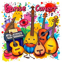 A vibrant and colorful concert poster featuring a whimsical arrangement of musical instruments including a piano, violin, tar, setar, guitar, santoor, tonbak, and oud