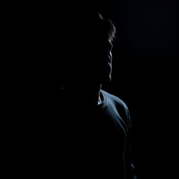 A solitary man standing in darkness, illuminated by soft low light, creating a moody and contemplative atmosphere