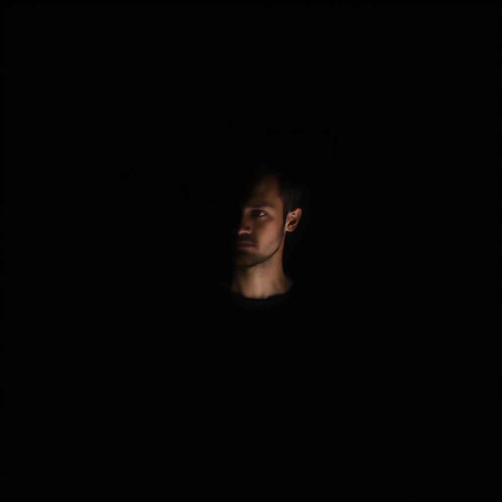 A solitary man standing in darkness, illuminated by soft low light, creating a moody and contemplative atmosphere