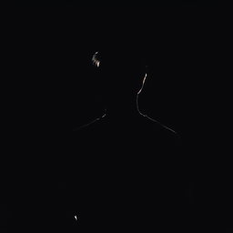 A solitary man standing in darkness, illuminated by soft low light, creating a moody and contemplative atmosphere