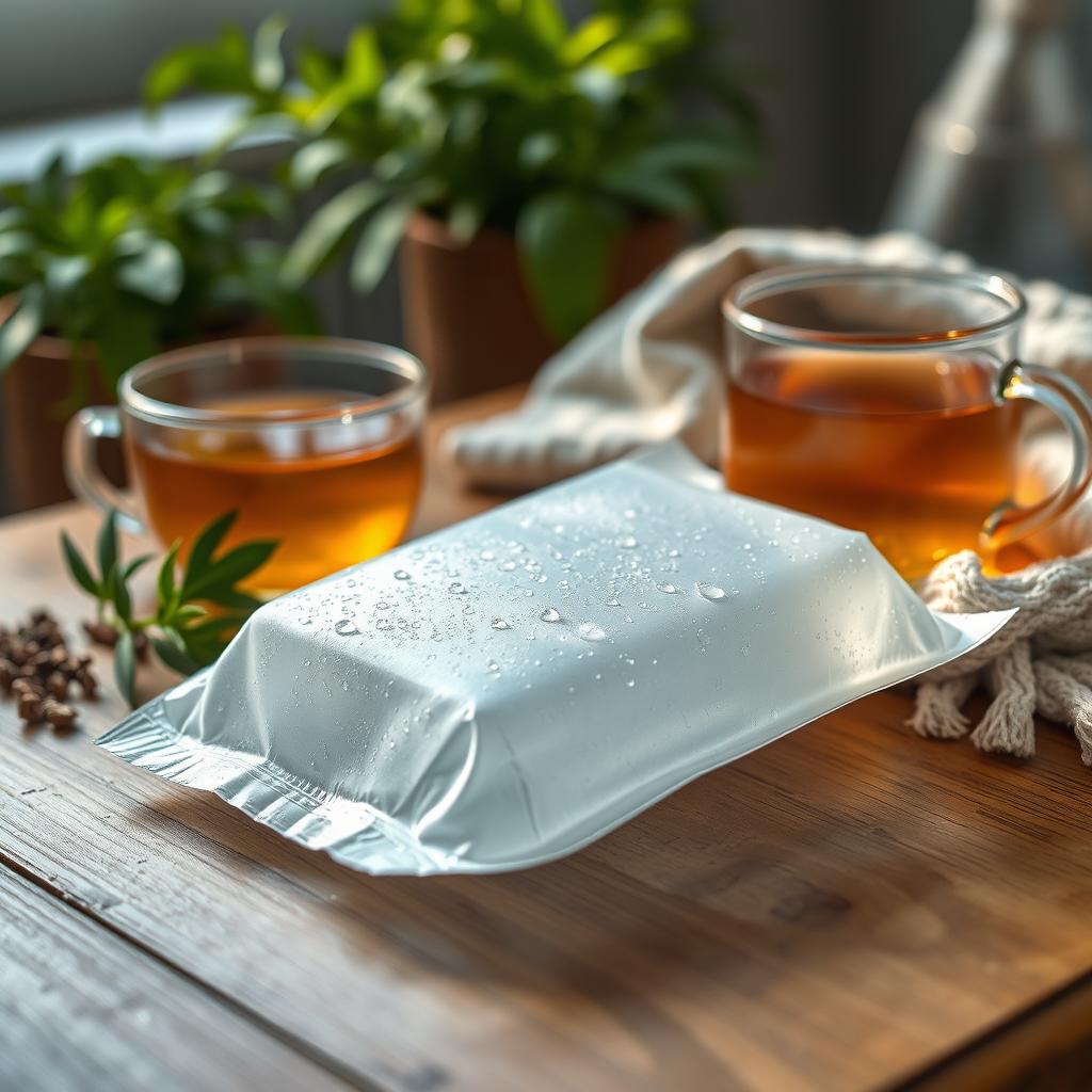 A realistic and detailed close-up of an ice pack on a wooden table, emphasizing the texture of the pack with condensation droplets on its surface, surrounded by some soothing herbal tea and a comforting blanket