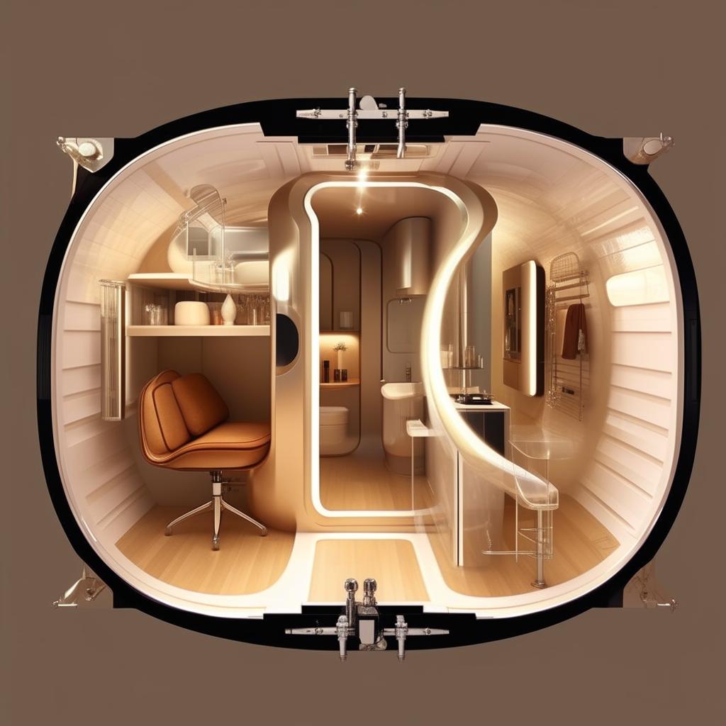 A layout for a 20x8 celebrity vanity container with curved interior design, featuring distinct zones: a plush seating area, a compact kitchenette, a restful sleeping area, an opulent bathroom, and a state-of-the-art makeup section.