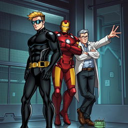 A dramatic illustration depicting Scott Summers (Cyclops), Tony Stark (Iron Man, casually dressed), and Reed Richards (Mr