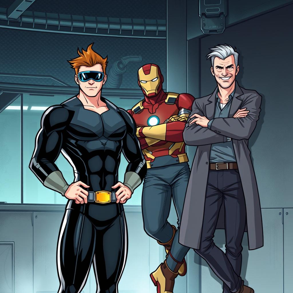 A dramatic illustration depicting Scott Summers (Cyclops), Tony Stark (Iron Man, casually dressed), and Reed Richards (Mr