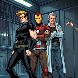 A dramatic illustration depicting Scott Summers (Cyclops), Tony Stark (Iron Man, casually dressed), and Reed Richards (Mr