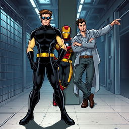 A dramatic illustration depicting Scott Summers (Cyclops), Tony Stark (Iron Man, casually dressed), and Reed Richards (Mr