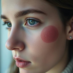 A close-up portrait of a person's face, exhibiting a subtle bruised effect on the cheek and eyebrow