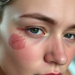 A close-up portrait of a person's face, exhibiting a subtle bruised effect on the cheek and eyebrow