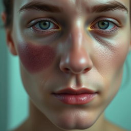 A close-up portrait of a person's face, exhibiting a subtle bruised effect on the cheek and eyebrow