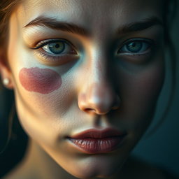 A close-up portrait of a person's face, exhibiting a subtle bruised effect on the cheek and eyebrow