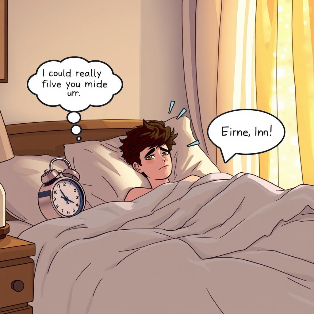 A cozy bedroom scene depicting a person waking up to a blaring alarm clock